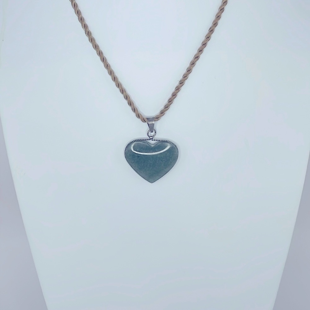 Green Stone Heart Necklace on Braided Gold Rope